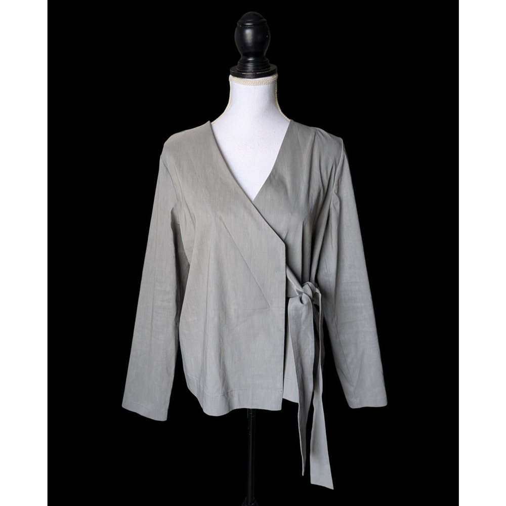 Crea Concept Gray Linen Blend Long Sleeve V Neck Wrap Blouse Top Size 40 Medium
